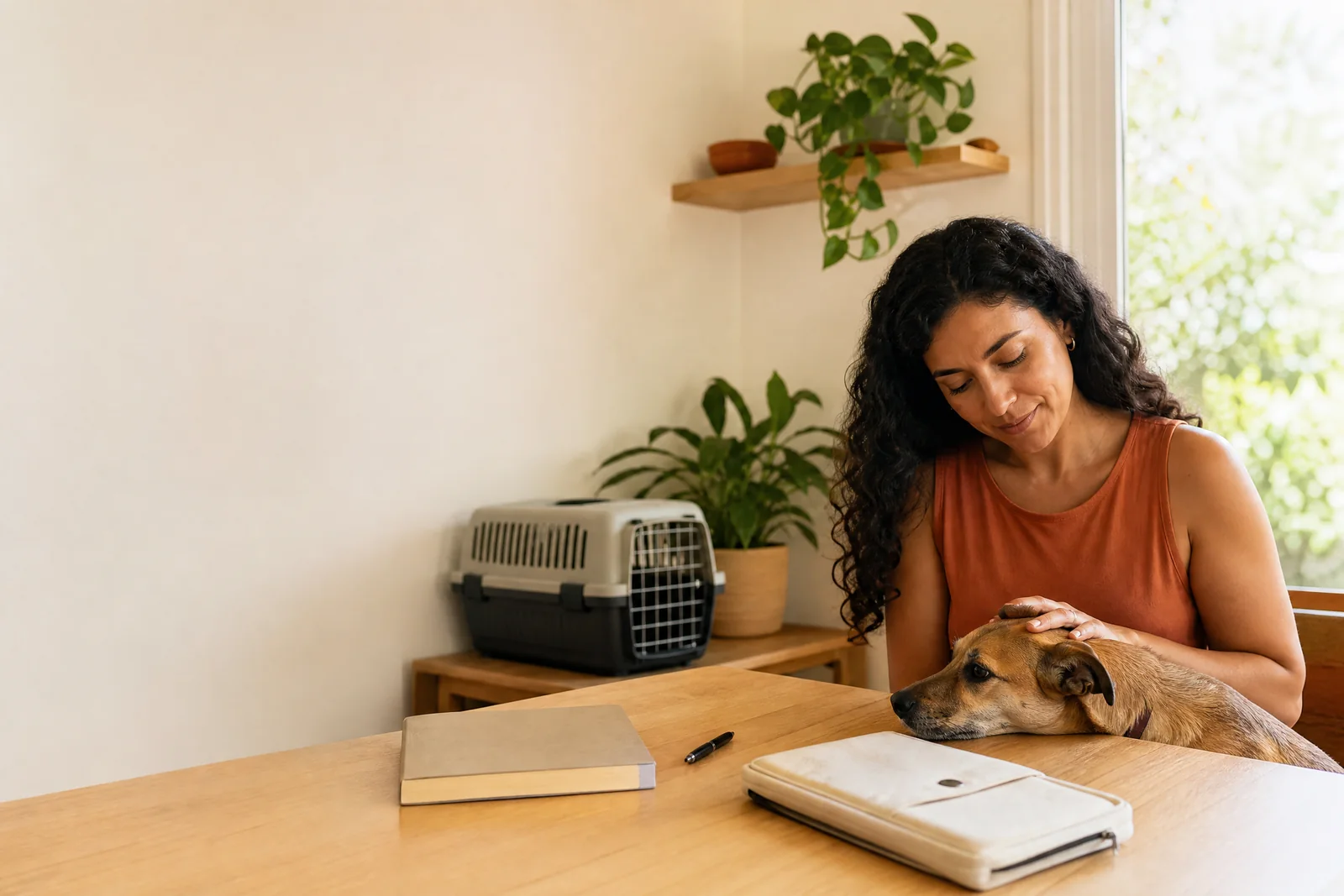 Tutor organizando uma viagem internacional com seu pet em casa